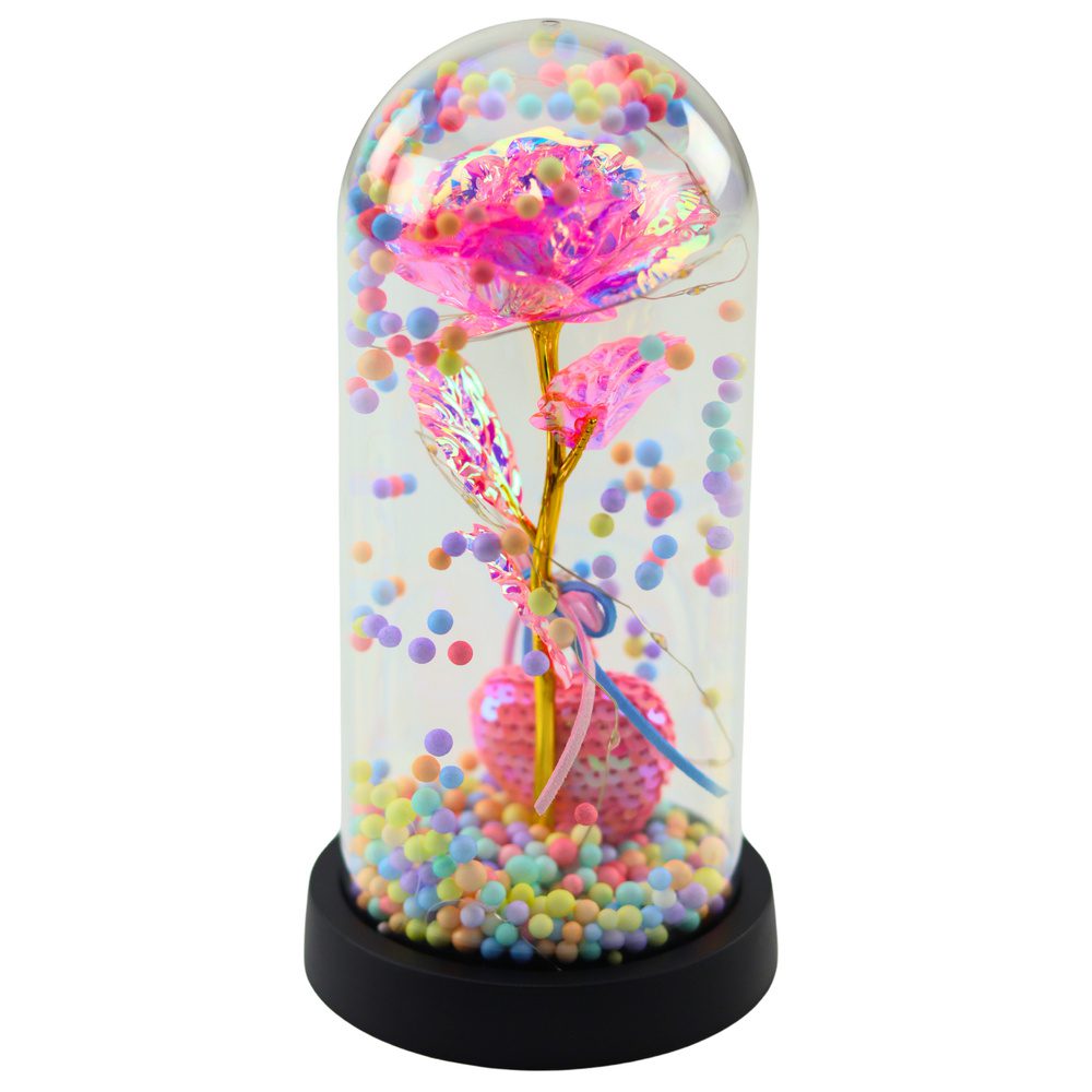 Wieczna Róża w Kopule z Oświetleniem LED Różowa z Serduszkiem i Kuleczkami - obrazek 3