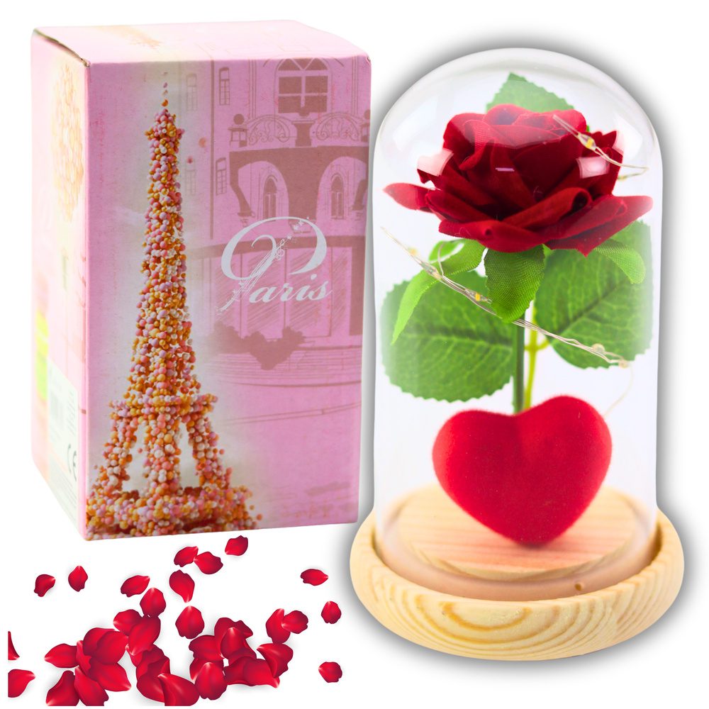 Wieczna Róża w Kopule z Oświetleniem LED Czerwona z Serduszkiem 14x8cm - obrazek 2