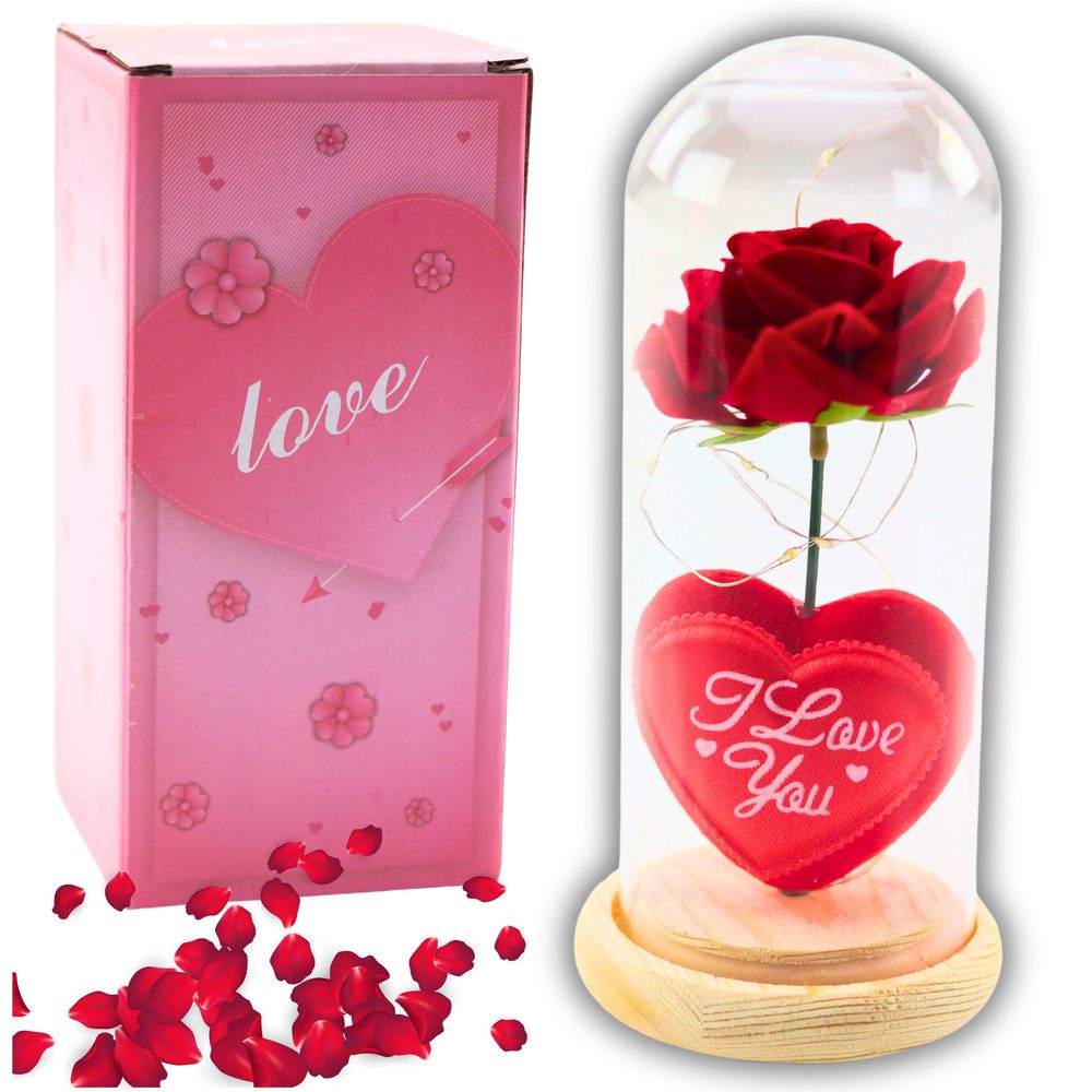 Wieczna Róża w Kopule z Oświetleniem LED Czerwona z Serduszkiem 18,5x8cm - obrazek 2