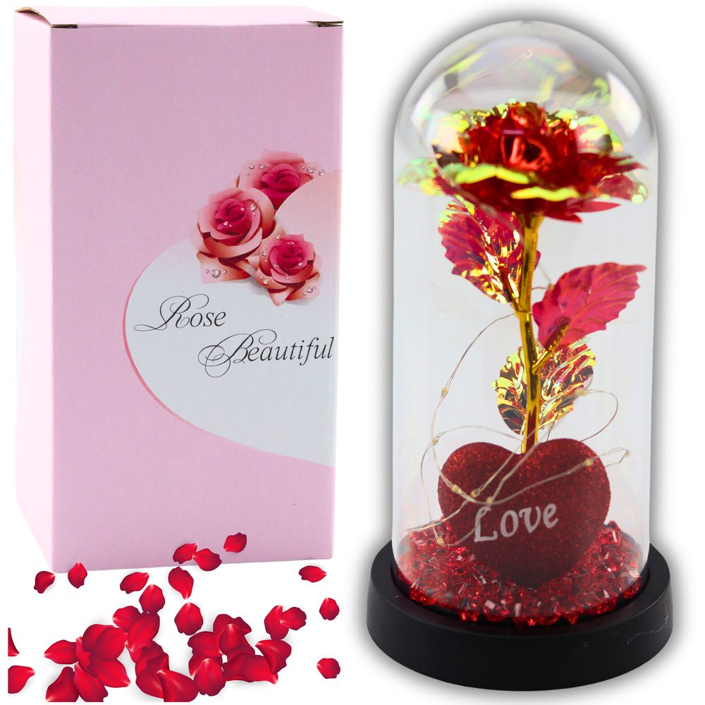 Wieczna Róża w Kopule z Oświetleniem LED Sercem Koralikami Czerwona 21x11cm - obrazek 2